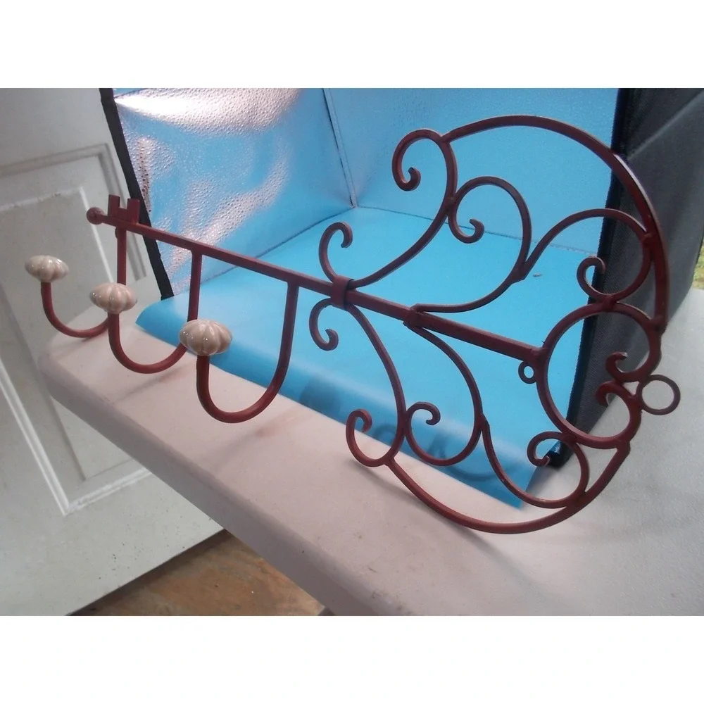 Vintage Style Red Metal Skeleton Key Wall Hook Rack 3 Hooks Scrollwork 22 Inch